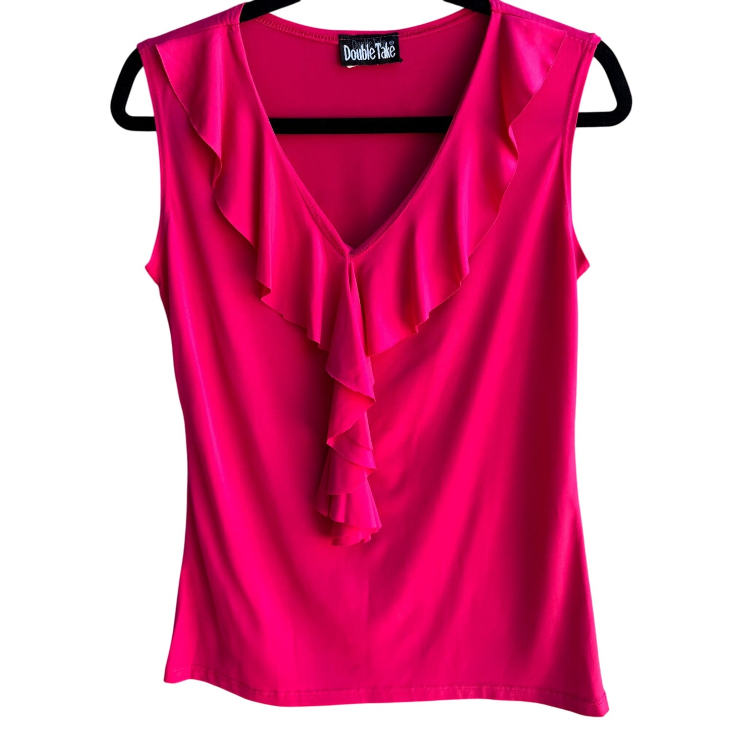 Double Take Vintage Y2K Womens Hot Pink Ruffle V-Neck Sleeveless Top Blouse M