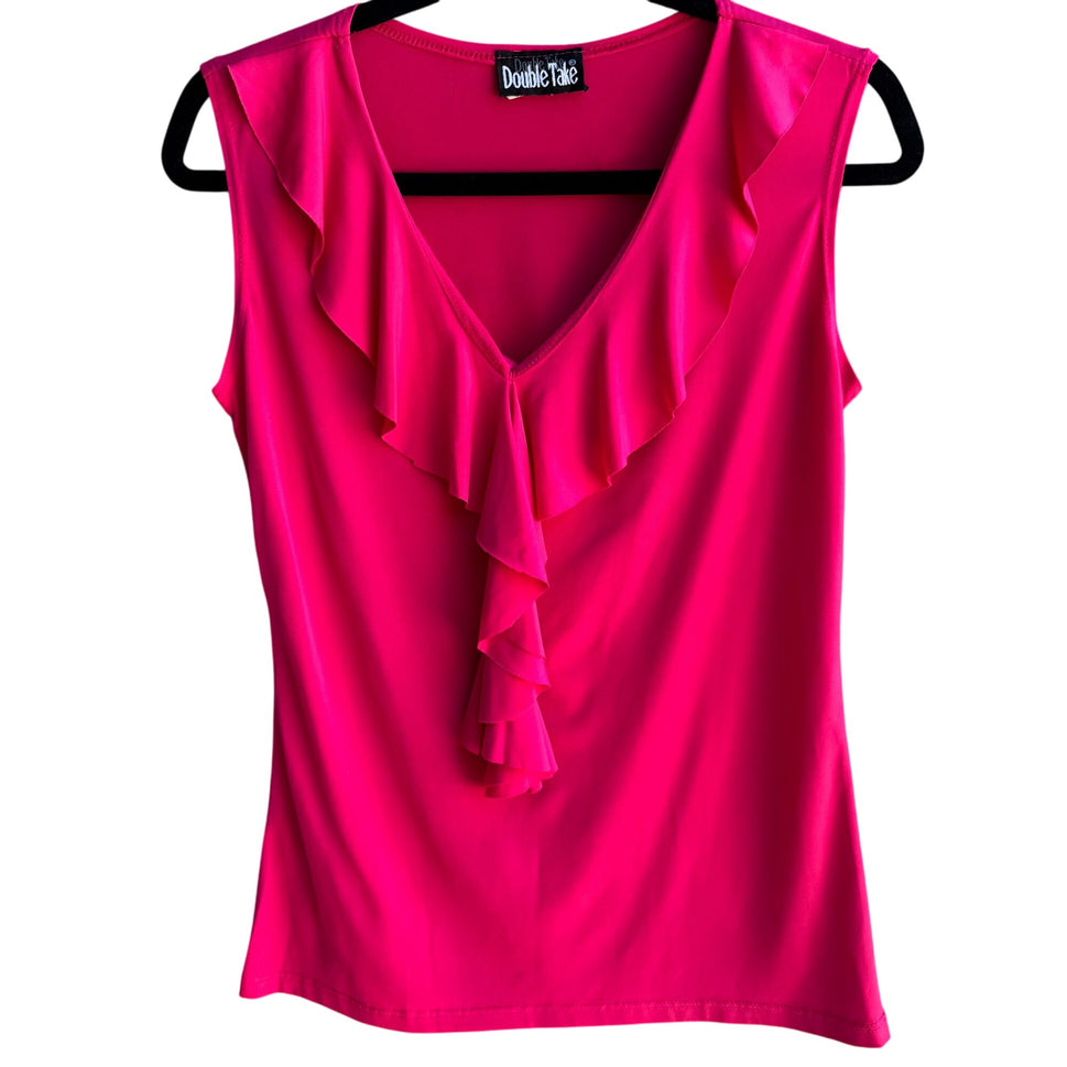 Double Take Vintage Y2K Womens Hot Pink Ruffle V-Neck Sleeveless Top Blouse M