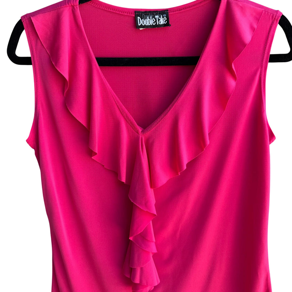 Double Take Vintage Y2K Womens Hot Pink Ruffle V-Neck Sleeveless Top Blouse M