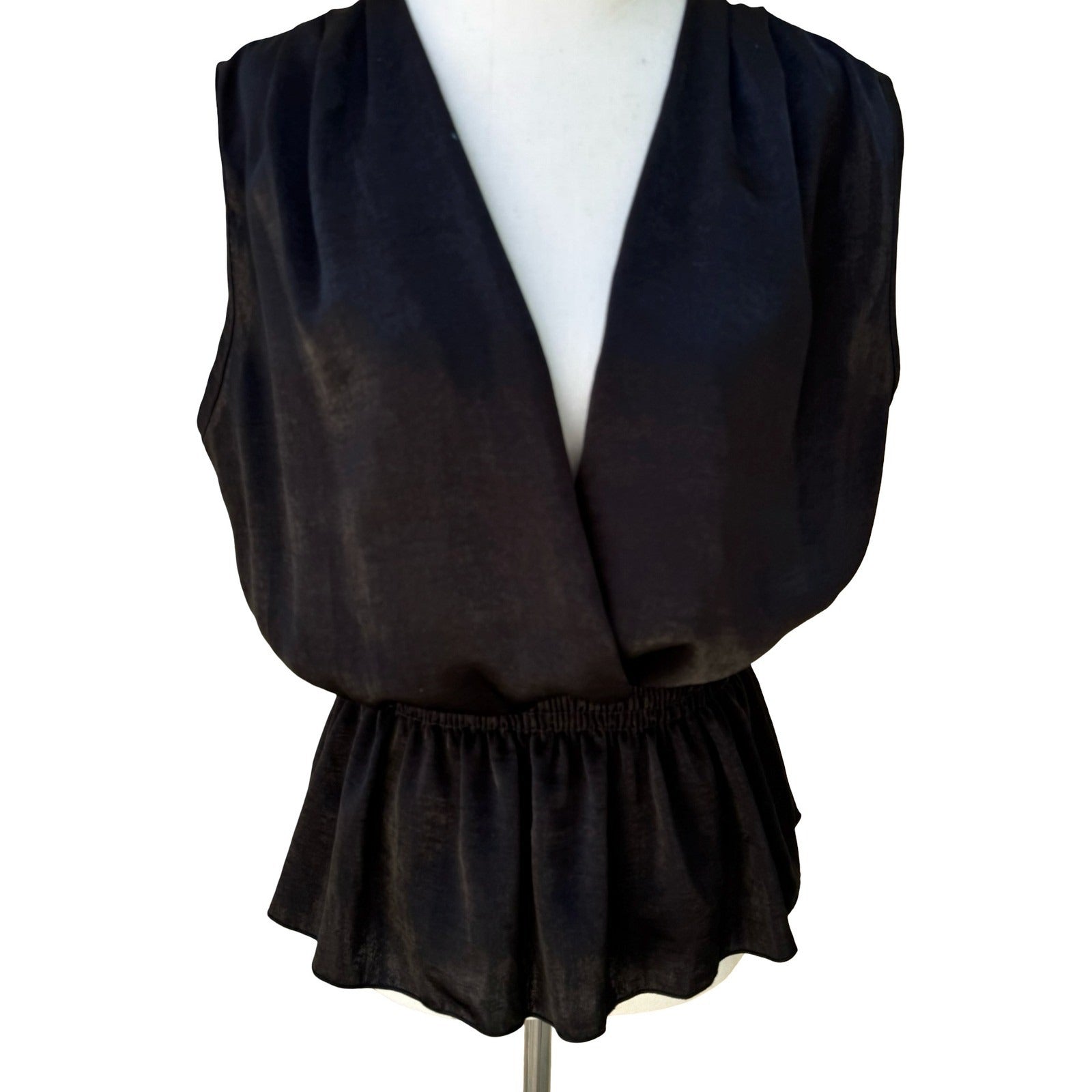 Blue Sketch Y2K Satin Surplice Peplum Blouse Smocked Waist Whimsigoth Black L