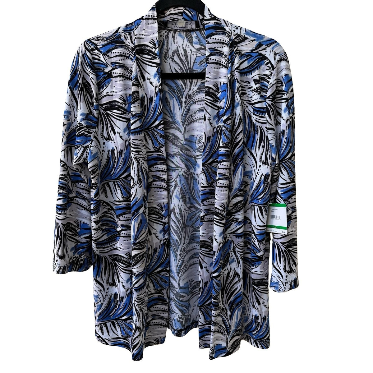 Kasper Coastal Mod Resortwear Tropical Leaf Print Open Front Cardigan Blue L NEW