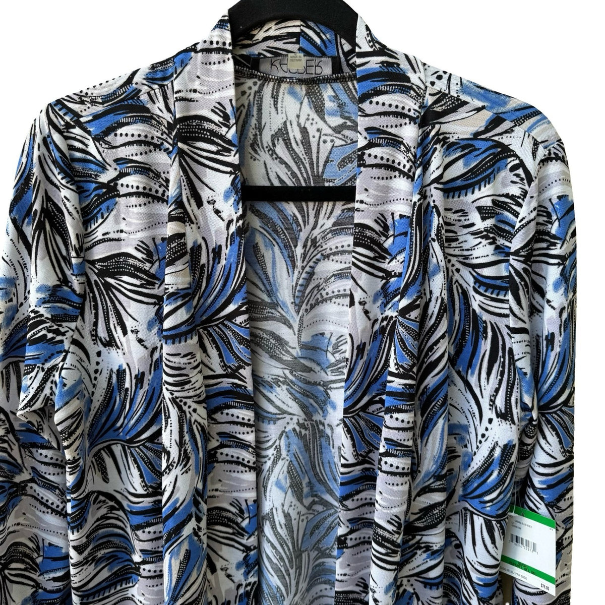 Kasper Coastal Mod Resortwear Tropical Leaf Print Open Front Cardigan Blue L NEW