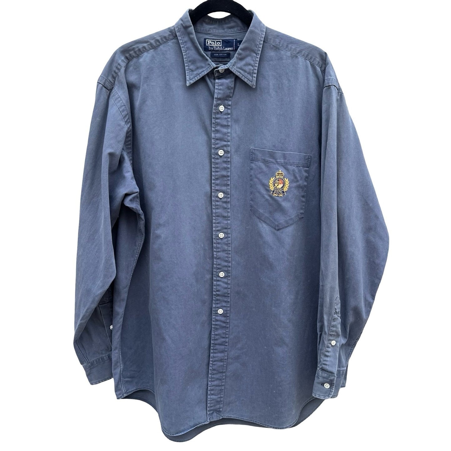 Polo Ralph Lauren Vintage 90s Mens L Blue Cotton Twill Crest Embroidered Shirt