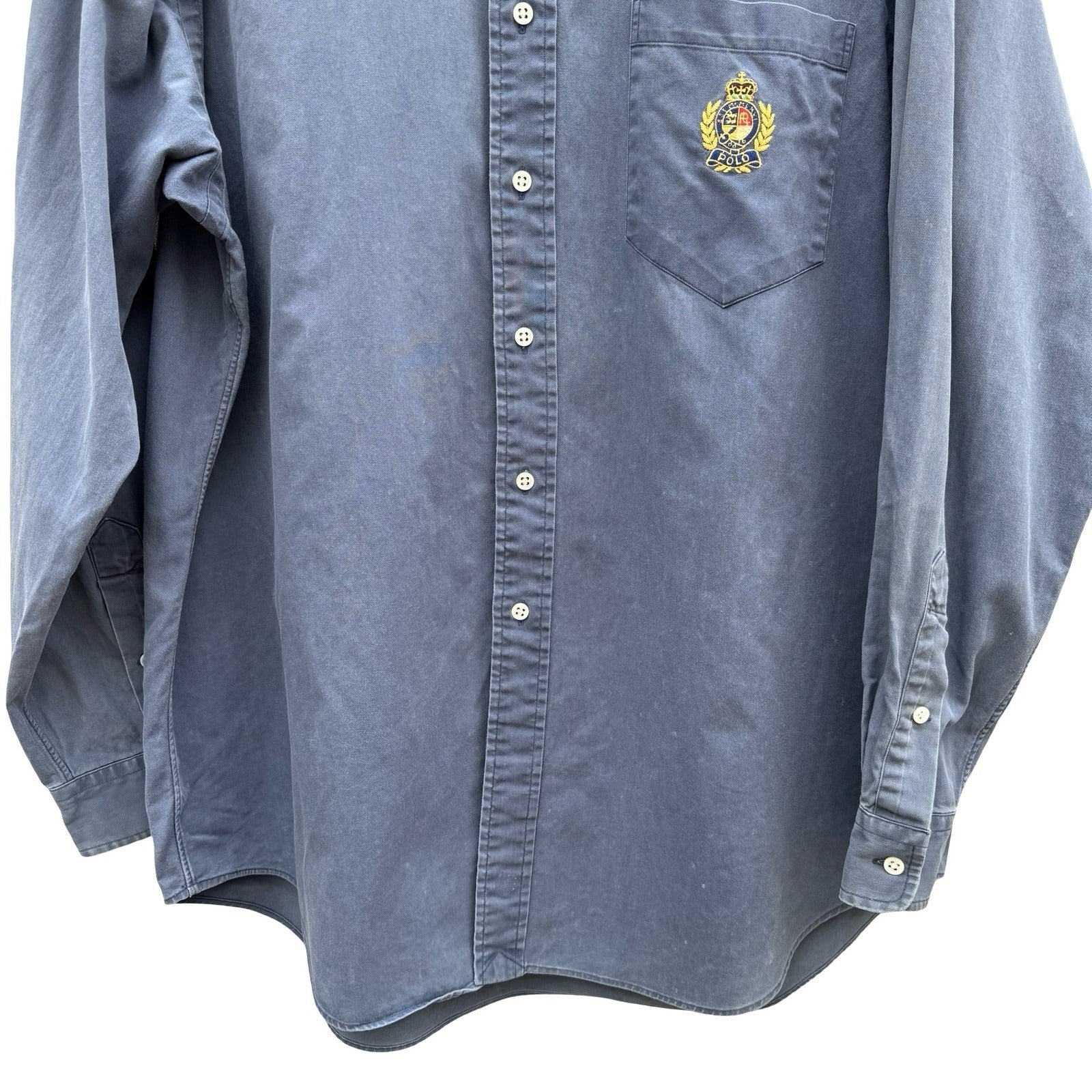 Polo Ralph Lauren Vintage 90s Mens L Blue Cotton Twill Crest Embroidered Shirt