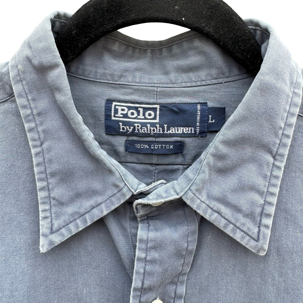 Polo Ralph Lauren Vintage 90s Mens L Blue Cotton Twill Crest Embroidered Shirt