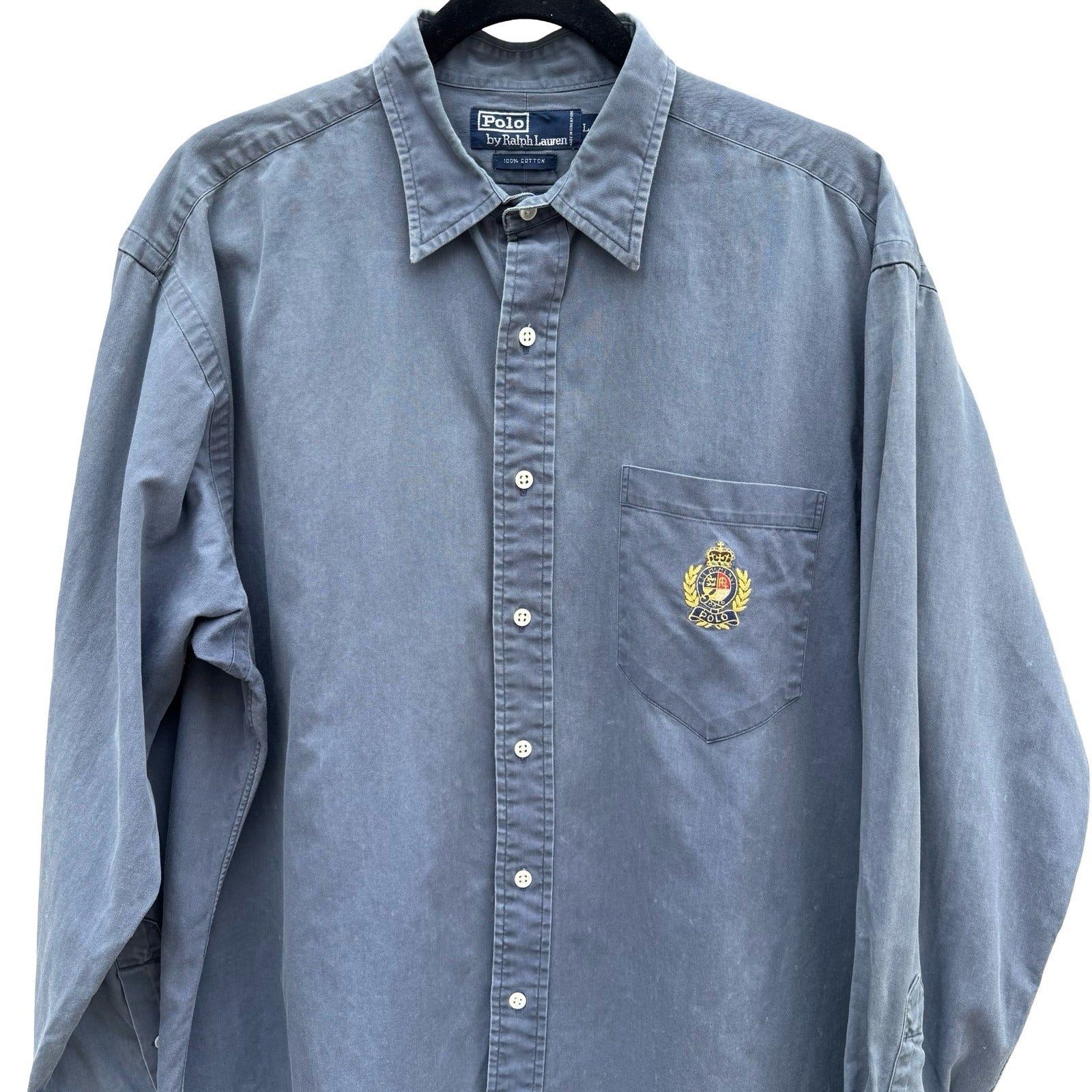 Polo Ralph Lauren Vintage 90s Mens L Blue Cotton Twill Crest Embroidered Shirt