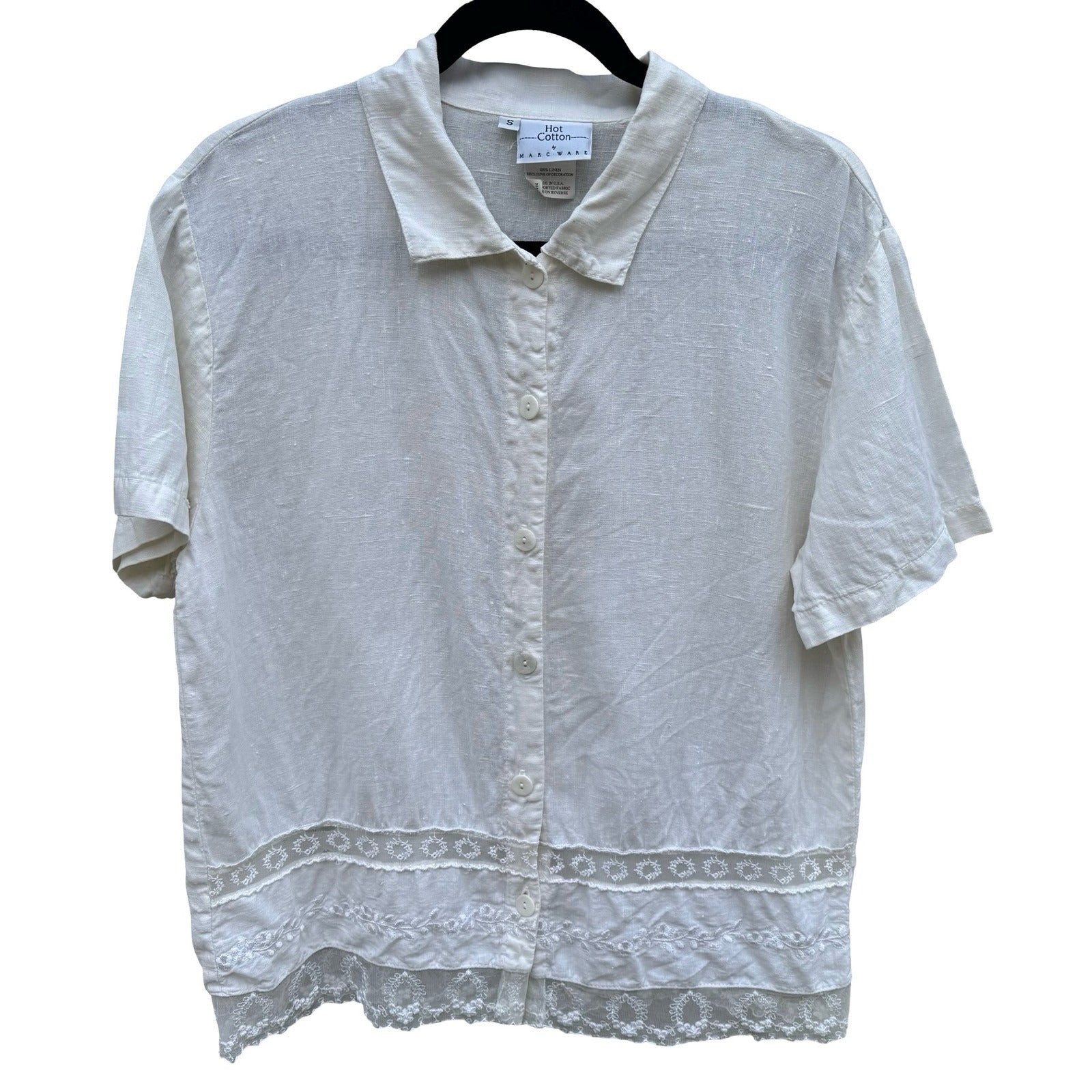 Hot Cotton Marc Ware White Linen Lace Trim Button Down Shirt Short Sleeve Small