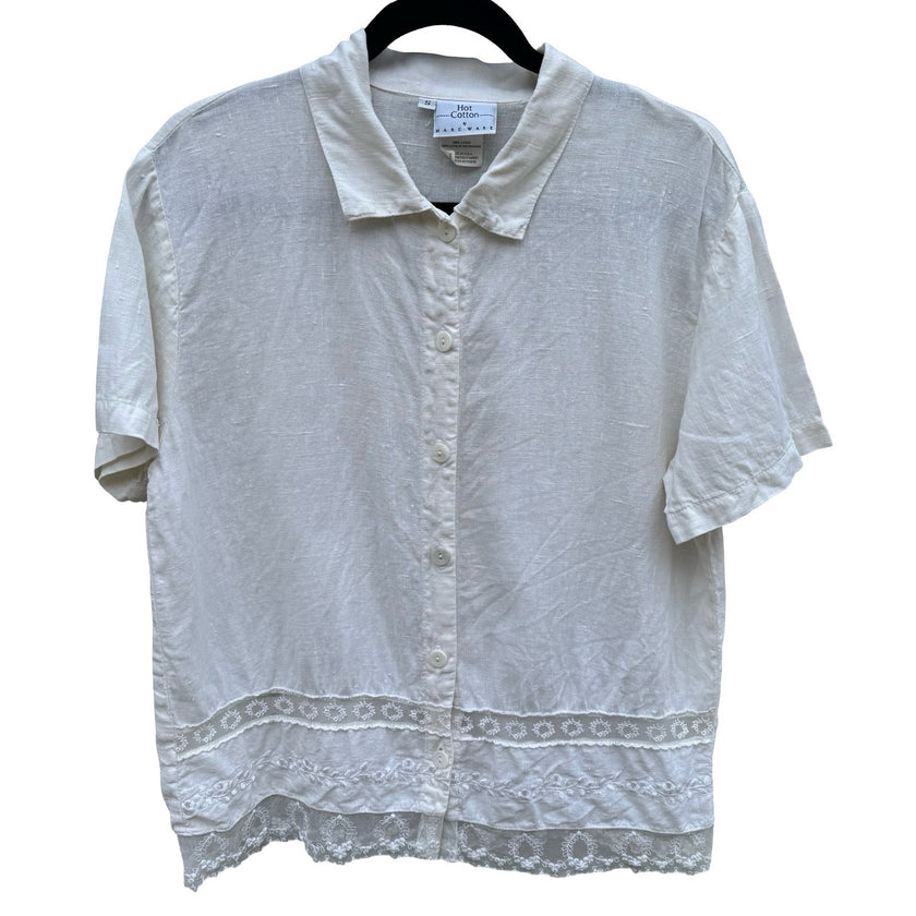 Hot Cotton Marc Ware White Linen Lace Trim Button Down Shirt Short Sleeve Small