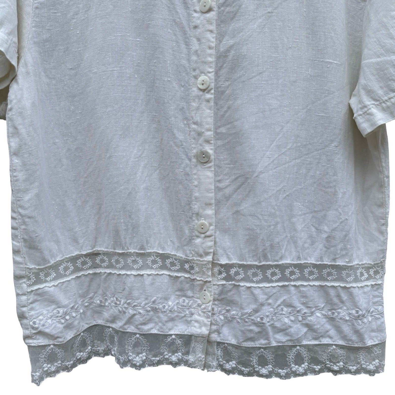 Hot Cotton Marc Ware White Linen Lace Trim Button Down Shirt Short Sleeve Small