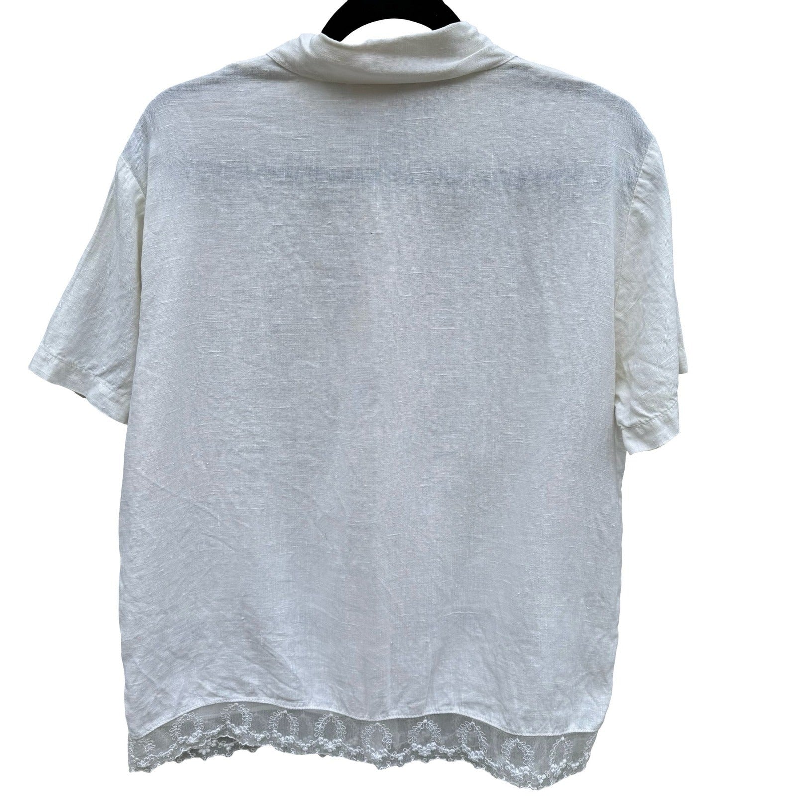 Hot Cotton Marc Ware White Linen Lace Trim Button Down Shirt Short Sleeve Small