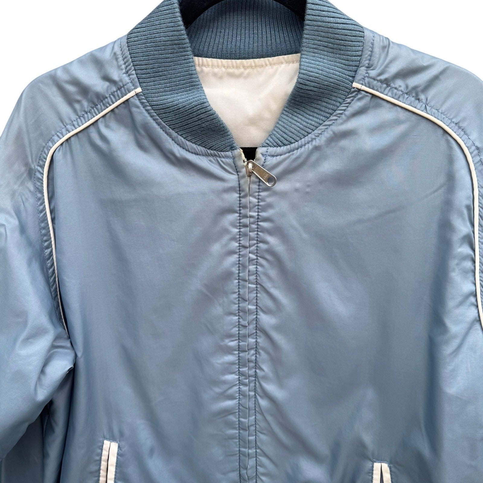 Vintage Reversible Bomber Jacket Blue Cream Zipper Ribbed Trim Mens L Streetwear