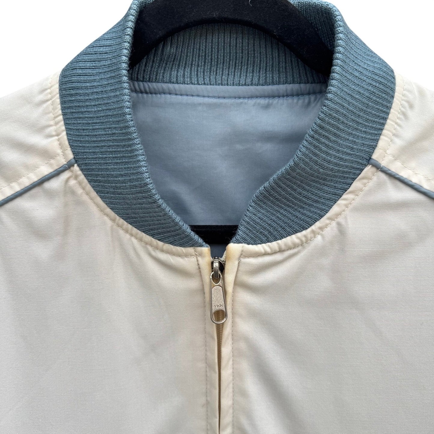 Vintage Reversible Bomber Jacket Blue Cream Zipper Ribbed Trim Mens L Streetwear