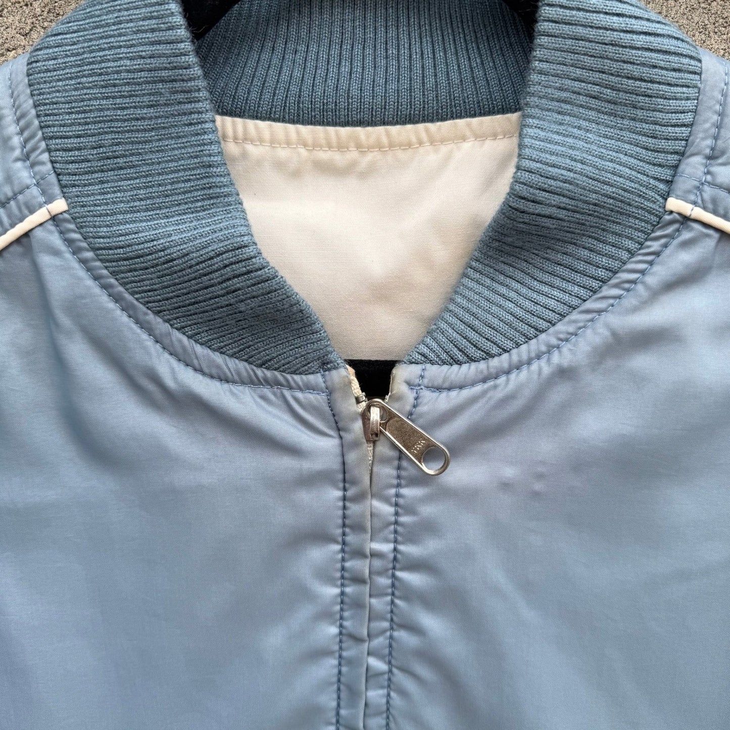 Vintage Reversible Bomber Jacket Blue Cream Zipper Ribbed Trim Mens L Streetwear