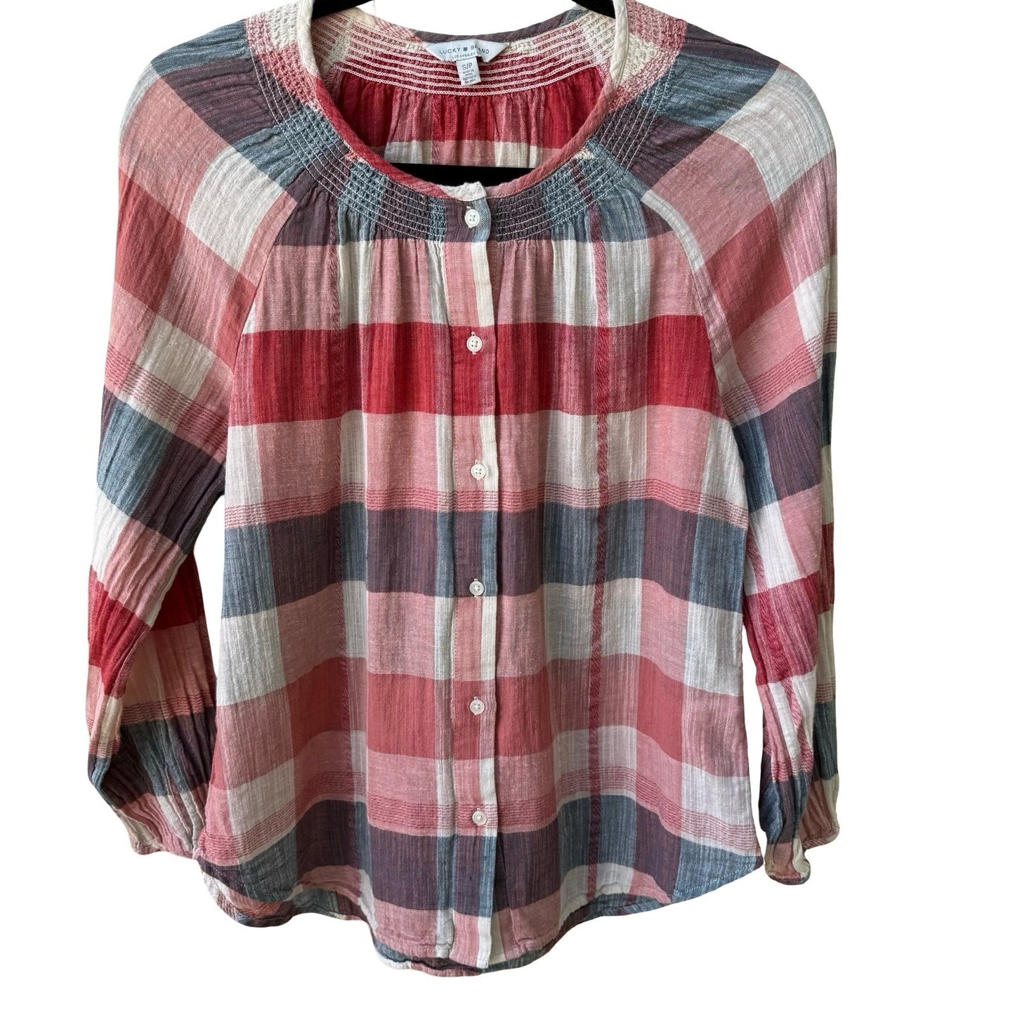 Lucky Brand Coastal Plaid Gauzy Cotton Linen Smocked Boho Peasant Tunic Blouse S