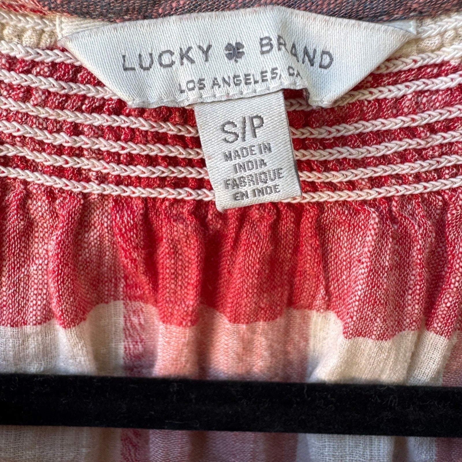 Lucky Brand Coastal Plaid Gauzy Cotton Linen Smocked Boho Peasant Tunic Blouse S