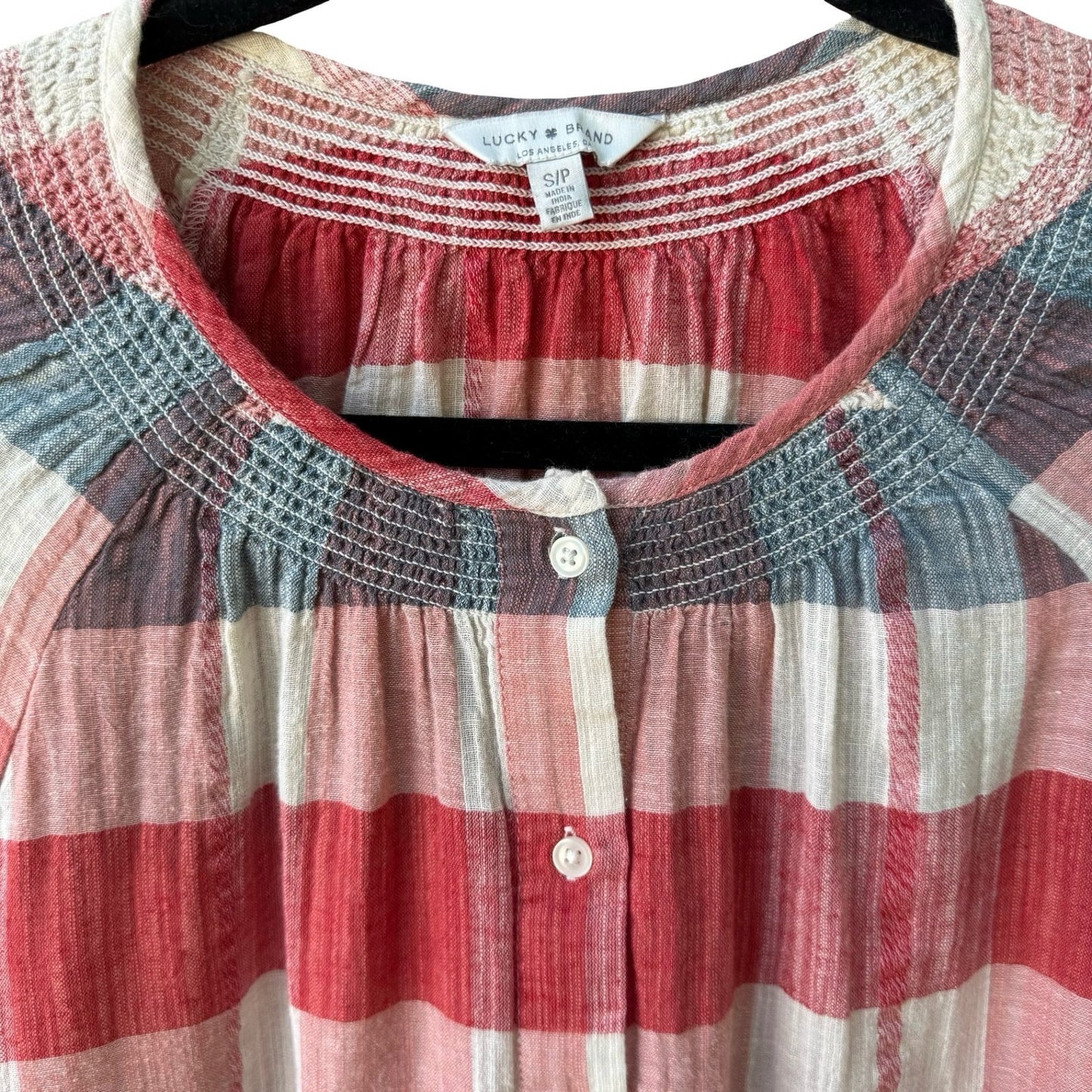 Lucky Brand Coastal Plaid Gauzy Cotton Linen Smocked Boho Peasant Tunic Blouse S