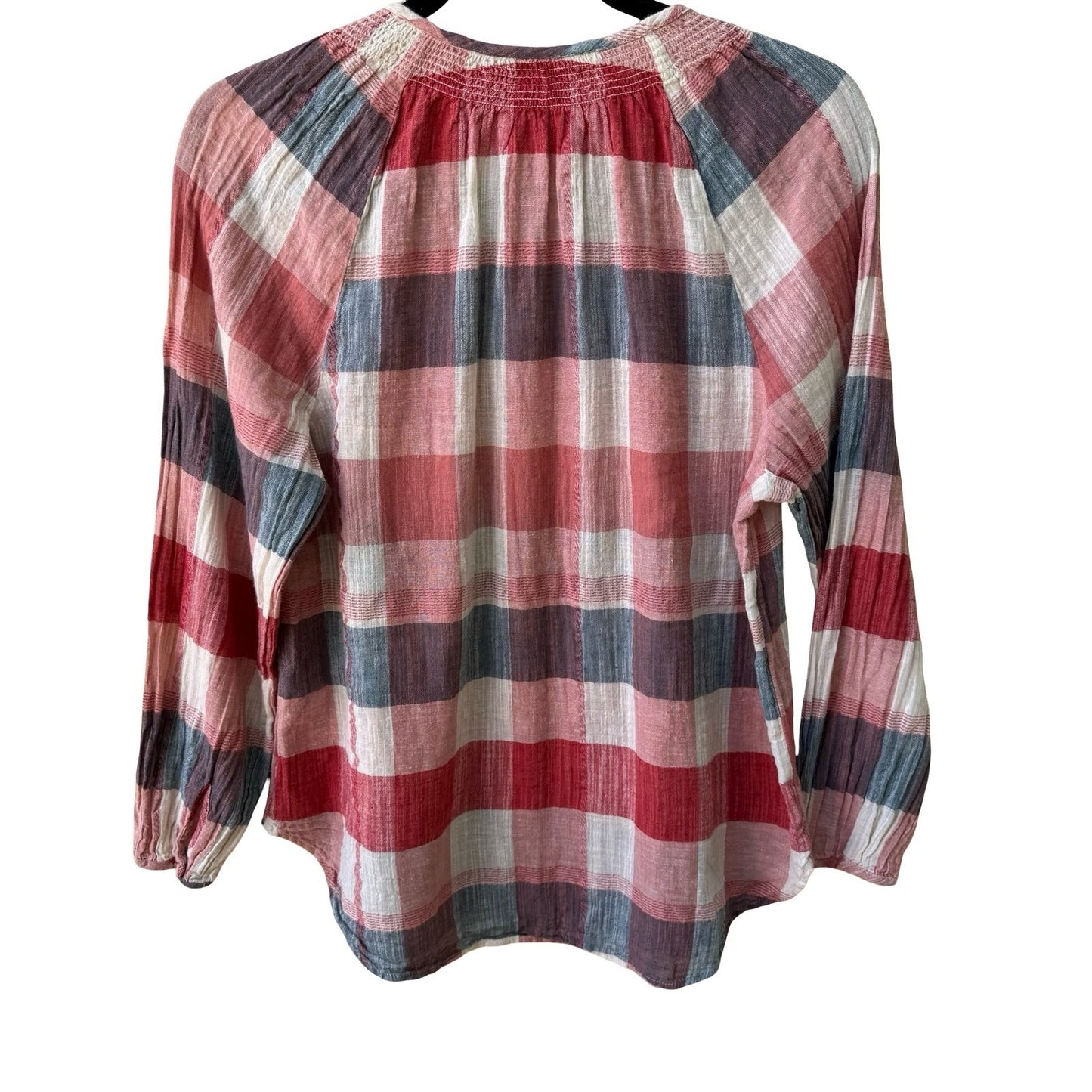 Lucky Brand Coastal Plaid Gauzy Cotton Linen Smocked Boho Peasant Tunic Blouse S