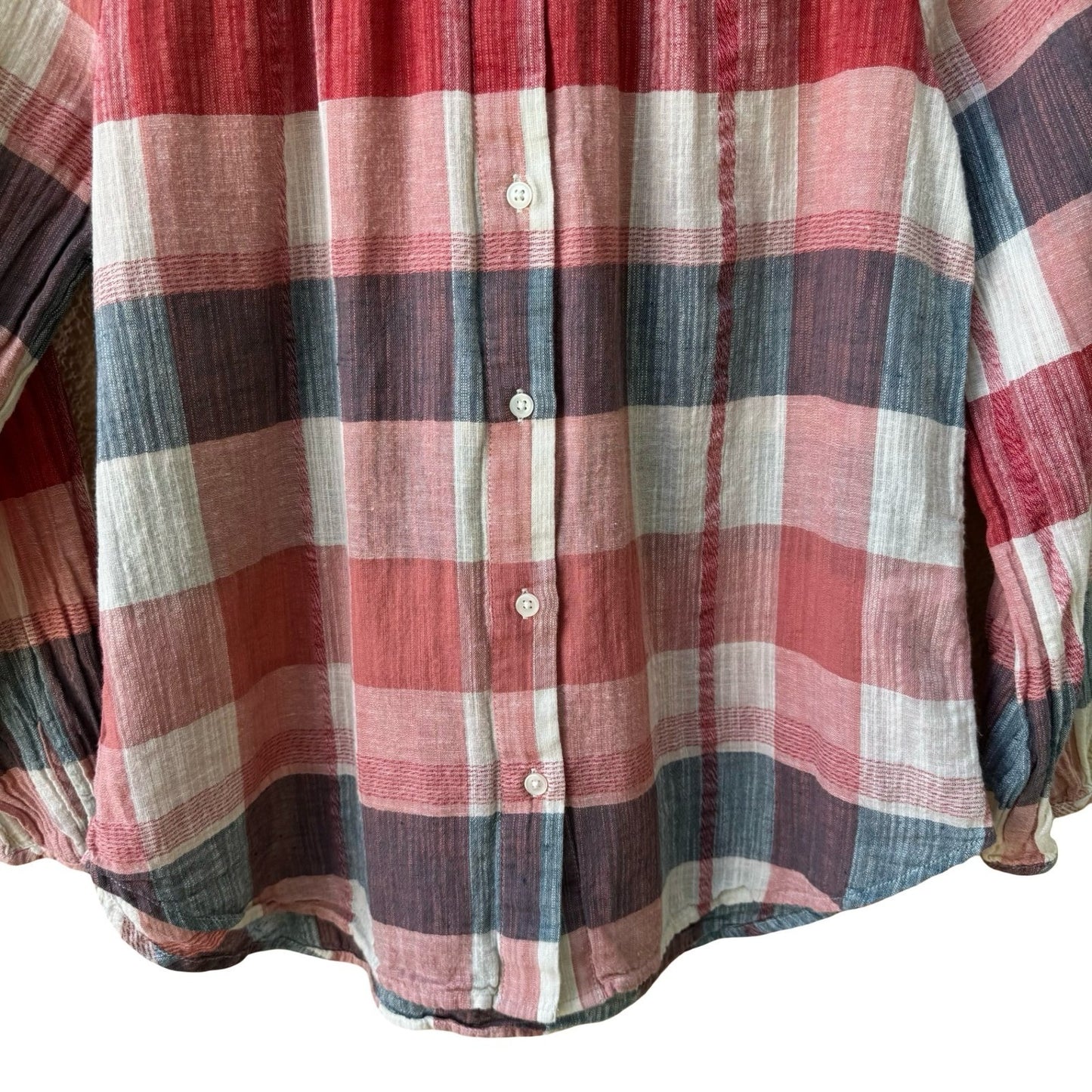 Lucky Brand Coastal Plaid Gauzy Cotton Linen Smocked Boho Peasant Tunic Blouse S