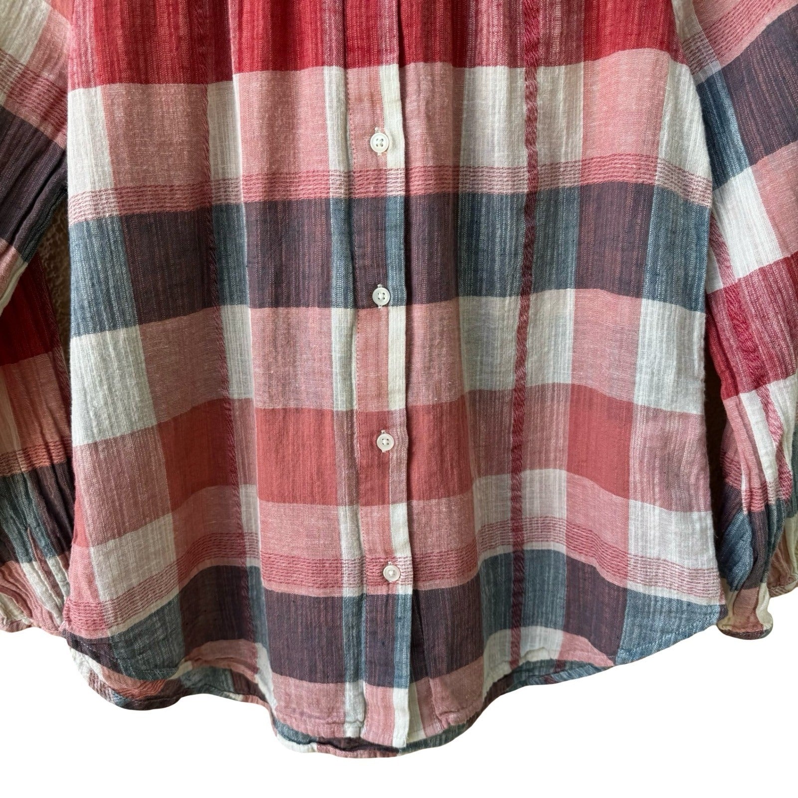 Lucky Brand Coastal Plaid Gauzy Cotton Linen Smocked Boho Peasant Tunic Blouse S