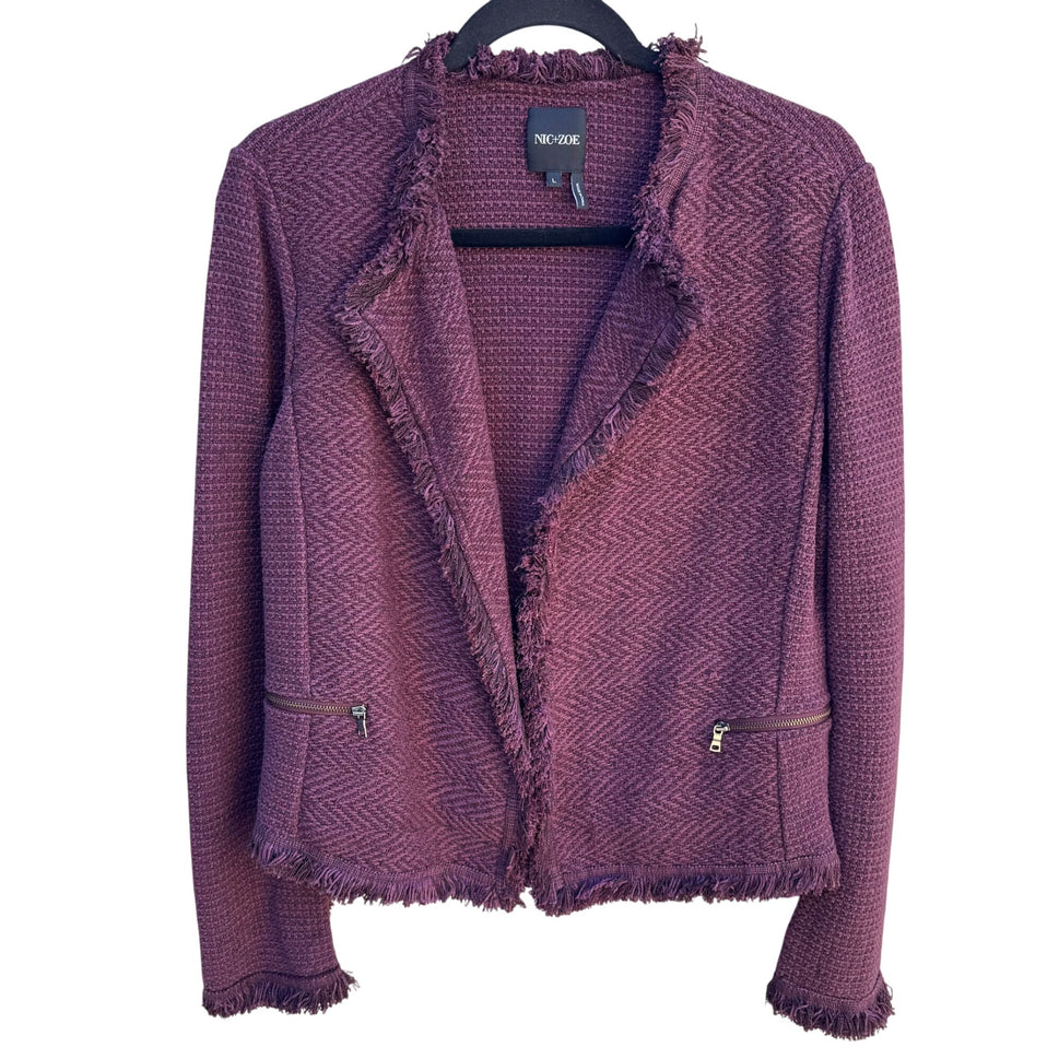 Nic+Zoe Purple Fringe Tweed Chic Textured Open Front Zip Pockets Blazer Jacket L