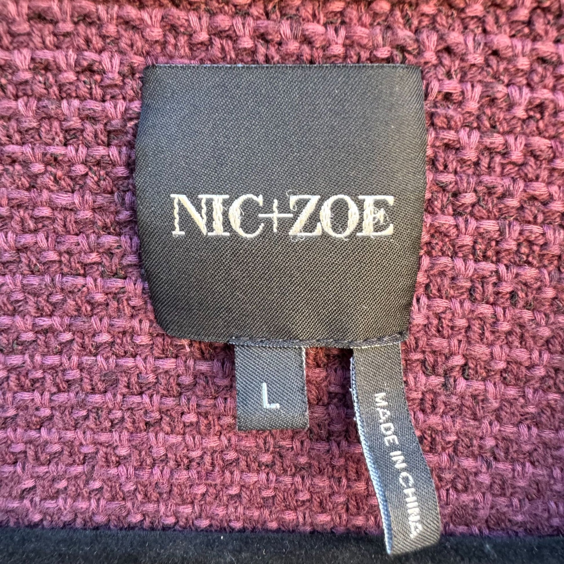 Nic+Zoe Purple Fringe Tweed Chic Textured Open Front Zip Pockets Blazer Jacket L