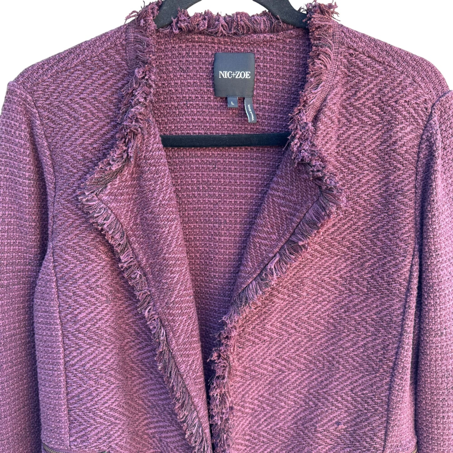 Nic+Zoe Purple Fringe Tweed Chic Textured Open Front Zip Pockets Blazer Jacket L
