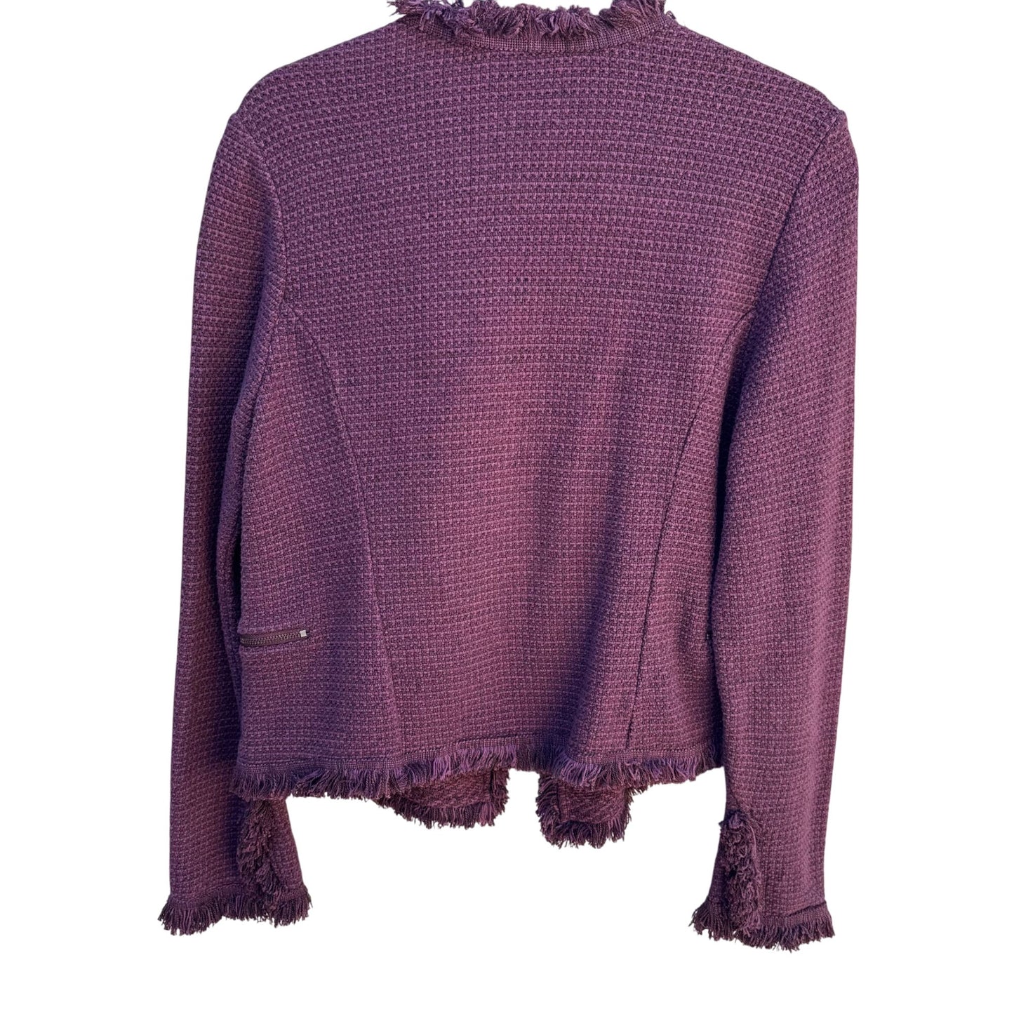 Nic+Zoe Purple Fringe Tweed Chic Textured Open Front Zip Pockets Blazer Jacket L