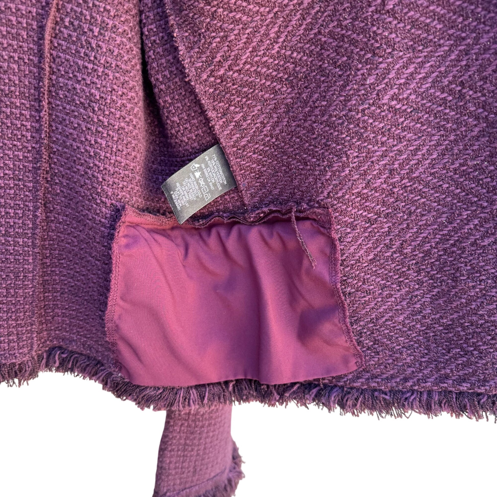 Nic+Zoe Purple Fringe Tweed Chic Textured Open Front Zip Pockets Blazer Jacket L