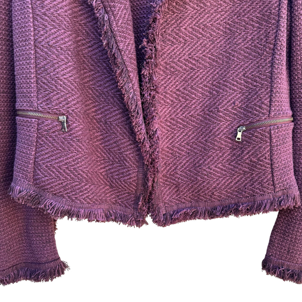 Nic+Zoe Purple Fringe Tweed Chic Textured Open Front Zip Pockets Blazer Jacket L