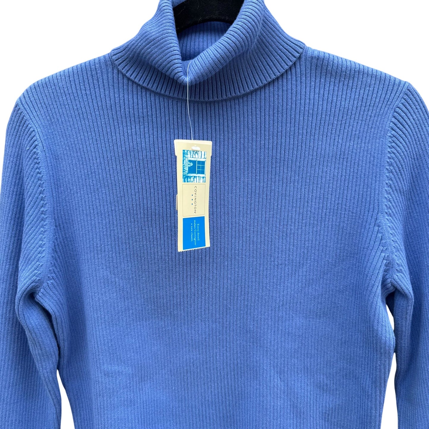 Covington Blue Knit Turtleneck Sweater L Stretch Cotton Long Sleeve Womens New