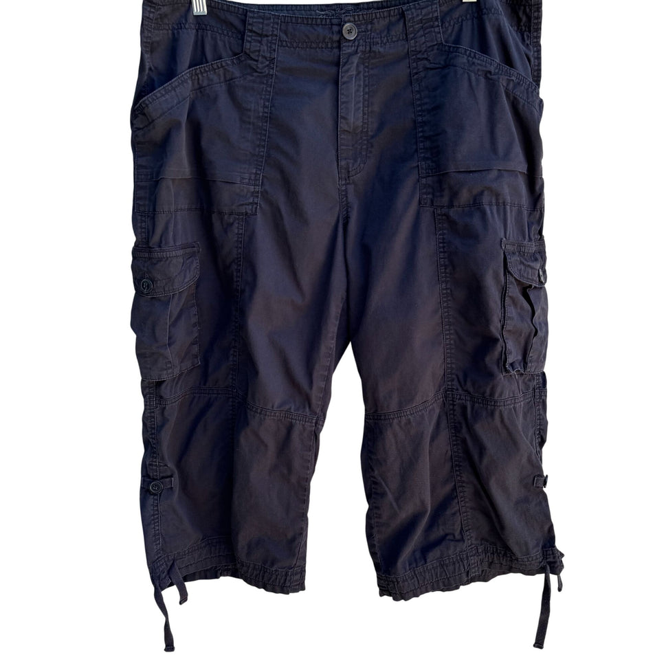 ZD Premium Womens Black Button Pockets Drawstring Hem Cropped Cargo Pants 20