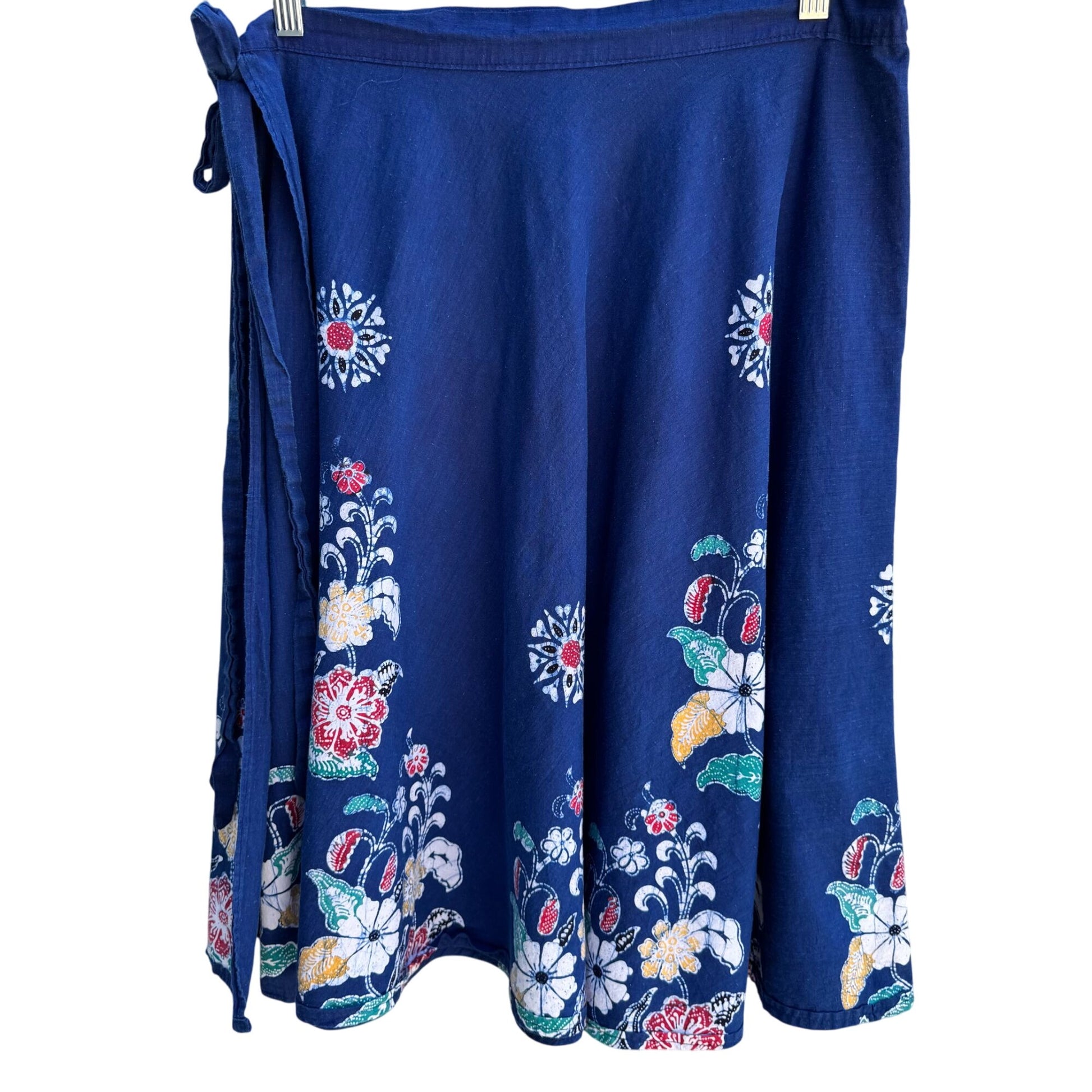 Vintage Floral Blue Multicolor Cotton Womens Tie Waist Boho Festival Wrap Skirt