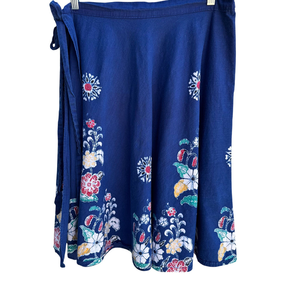 Vintage Floral Blue Multicolor Cotton Womens Tie Waist Boho Festival Wrap Skirt