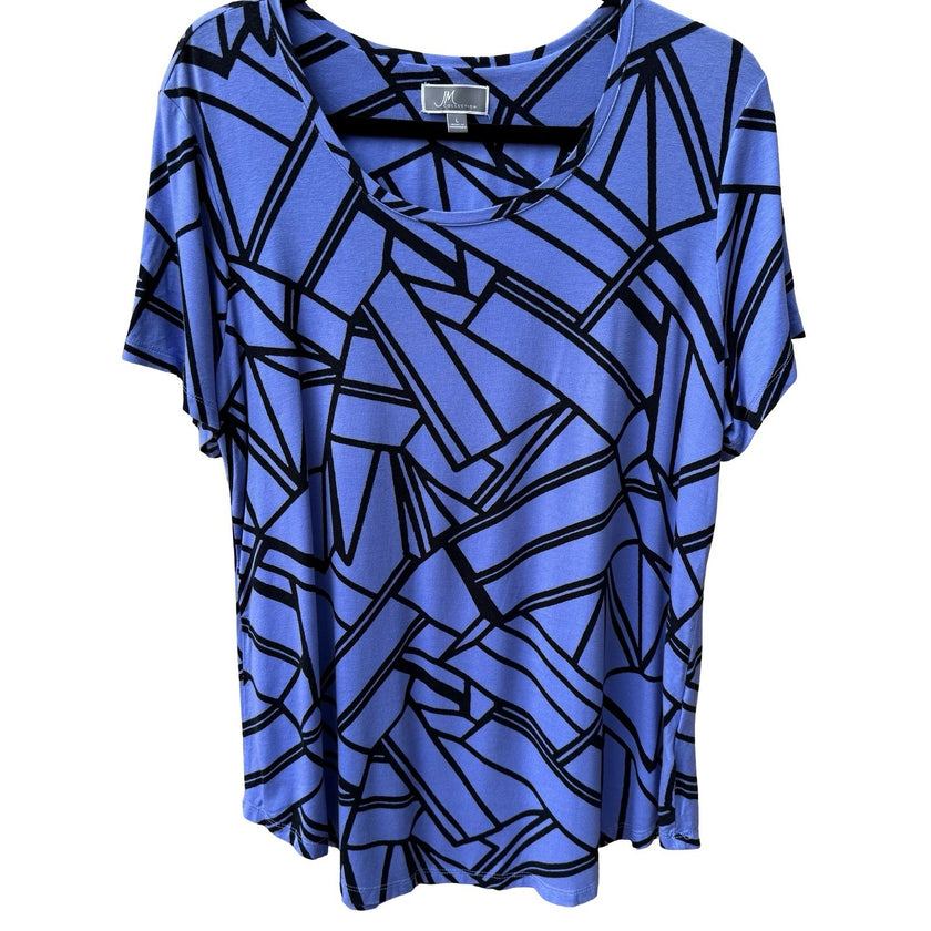 JM Collection Mod Artsy Geometric Abstract Print Stretch Knit Top Blue Womens L