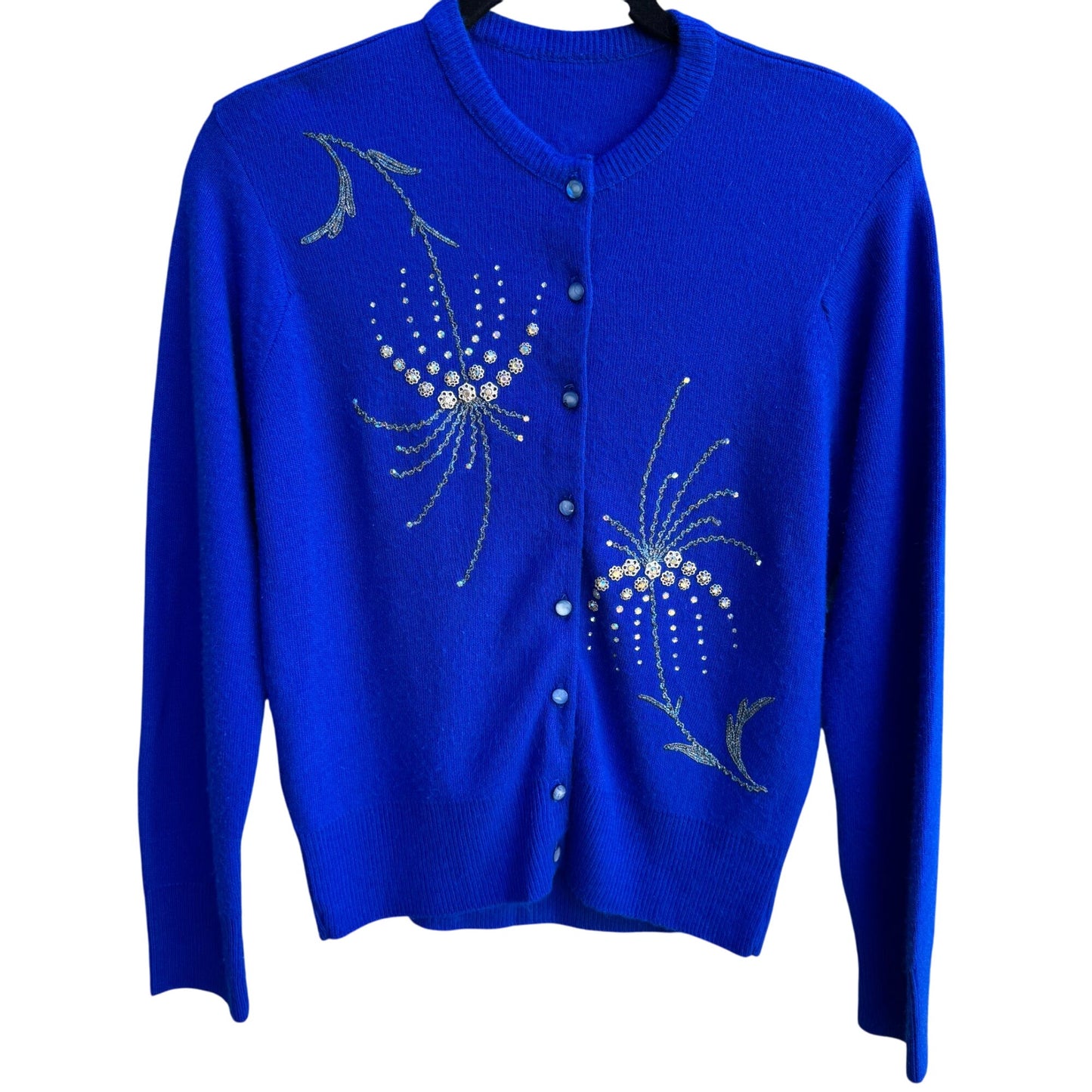 Vintage Royal Blue Cashmere Beaded Floral Whimsical Embellished Cardigan Sweater