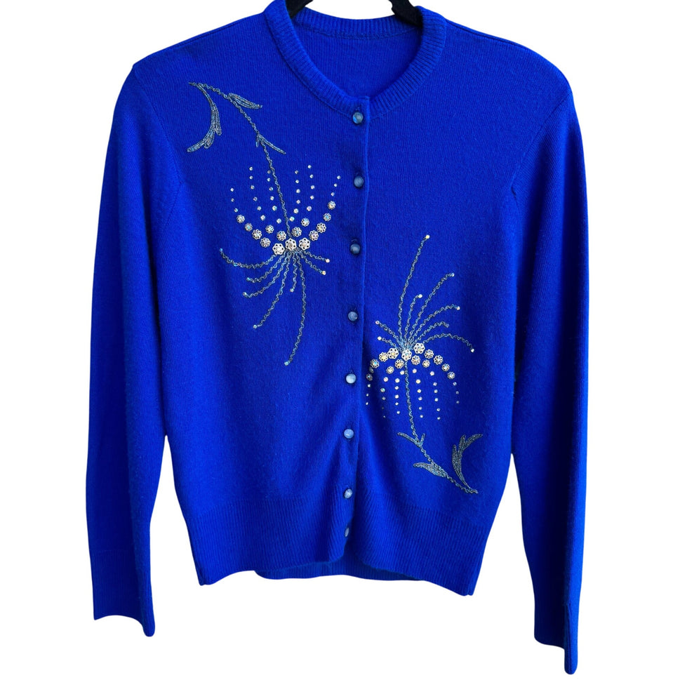 Vintage Royal Blue Cashmere Beaded Floral Whimsical Embellished Cardigan Sweater