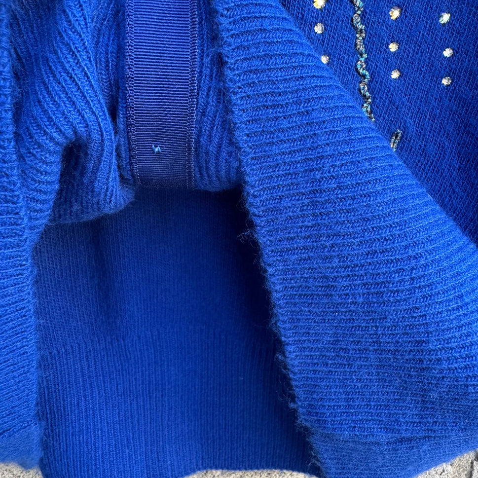 Vintage Royal Blue Cashmere Beaded Floral Whimsical Embellished Cardigan Sweater