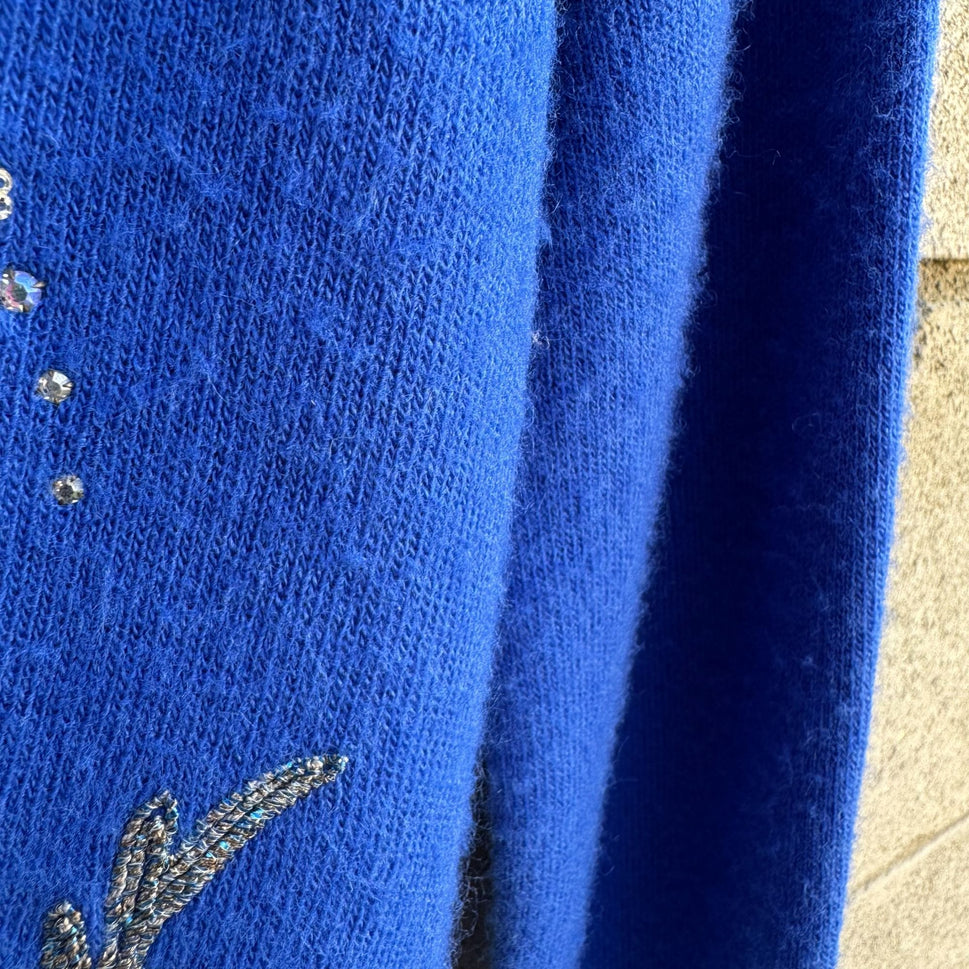 Vintage Royal Blue Cashmere Beaded Floral Whimsical Embellished Cardigan Sweater