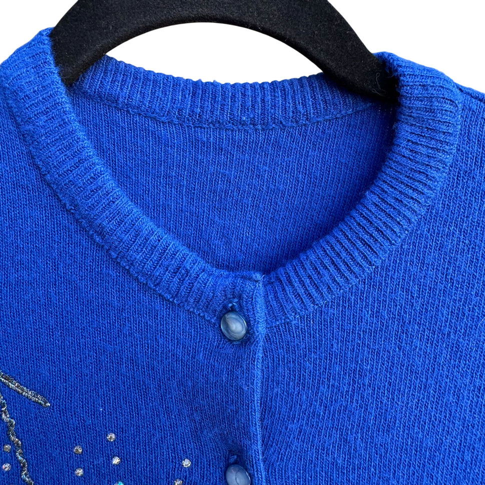 Vintage Royal Blue Cashmere Beaded Floral Whimsical Embellished Cardigan Sweater