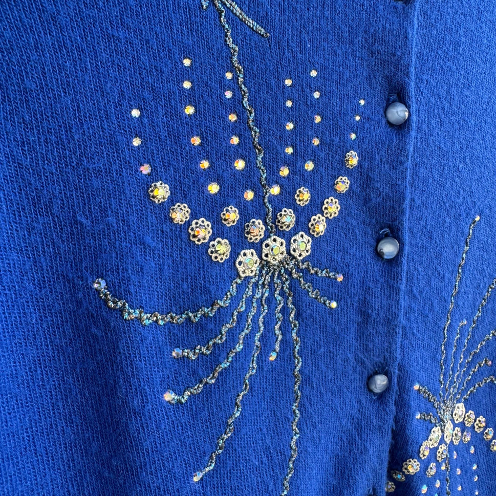 Vintage Royal Blue Cashmere Beaded Floral Whimsical Embellished Cardigan Sweater