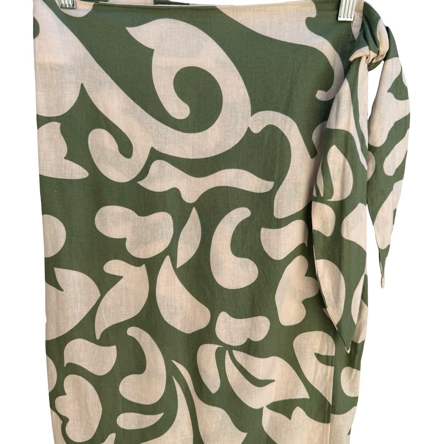 Rachael Zoe Green Abstract Botanical Linen Blend Wrap Midi Skirt Side Tie OS