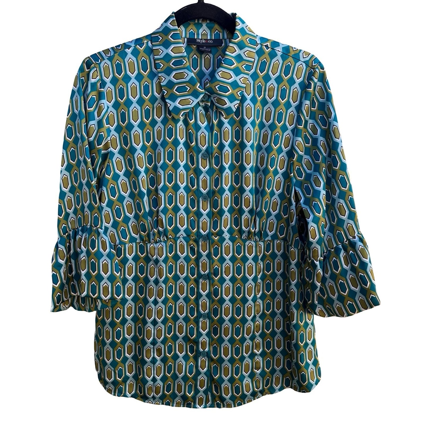 Style & Co Mod 70s Style Preppy Geometric Honeycomb Bell Sleeve Blouse Teal 12