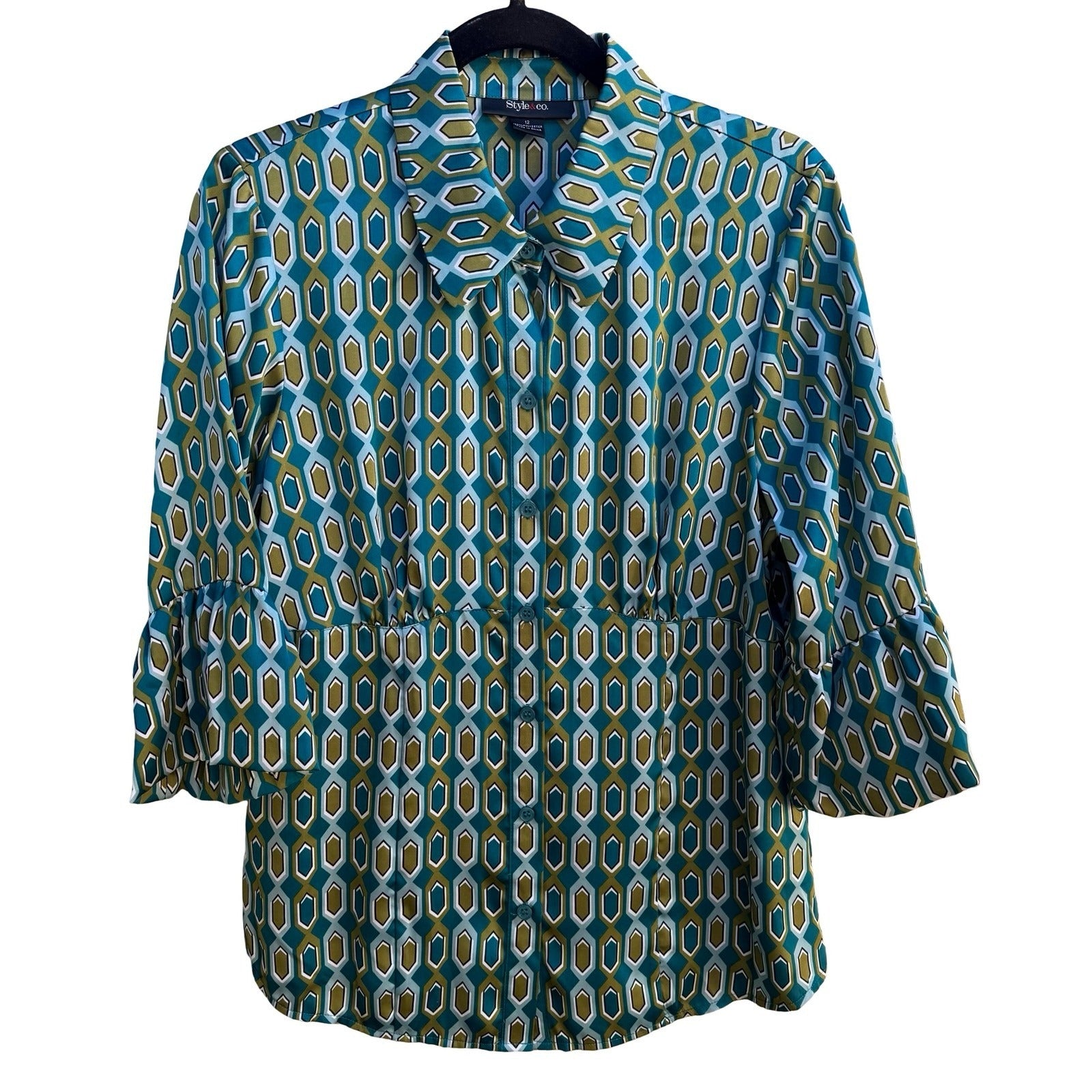 Style & Co Mod 70s Style Preppy Geometric Honeycomb Bell Sleeve Blouse Teal 12