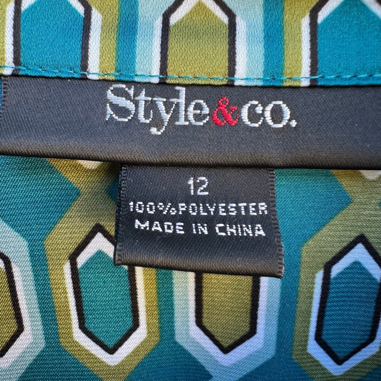 Style & Co Mod 70s Style Preppy Geometric Honeycomb Bell Sleeve Blouse Teal 12