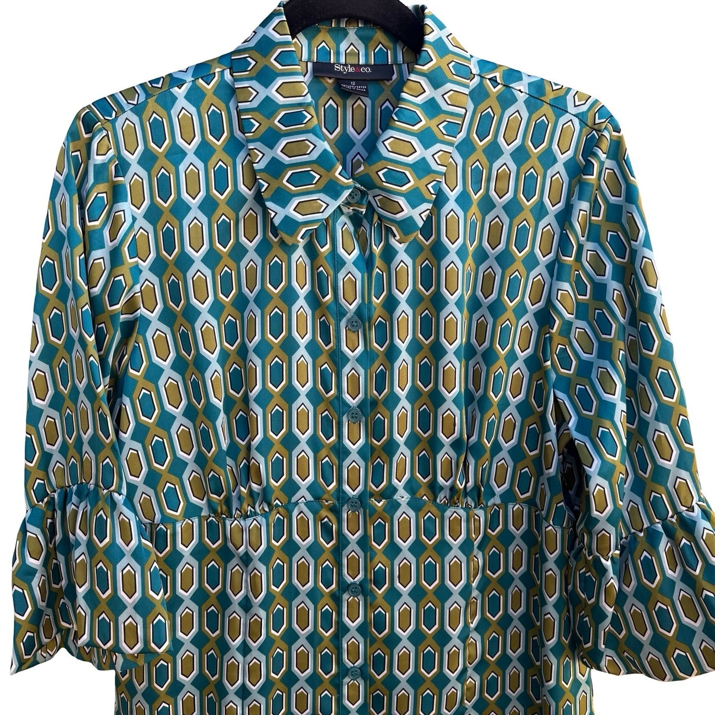 Style & Co Mod 70s Style Preppy Geometric Honeycomb Bell Sleeve Blouse Teal 12