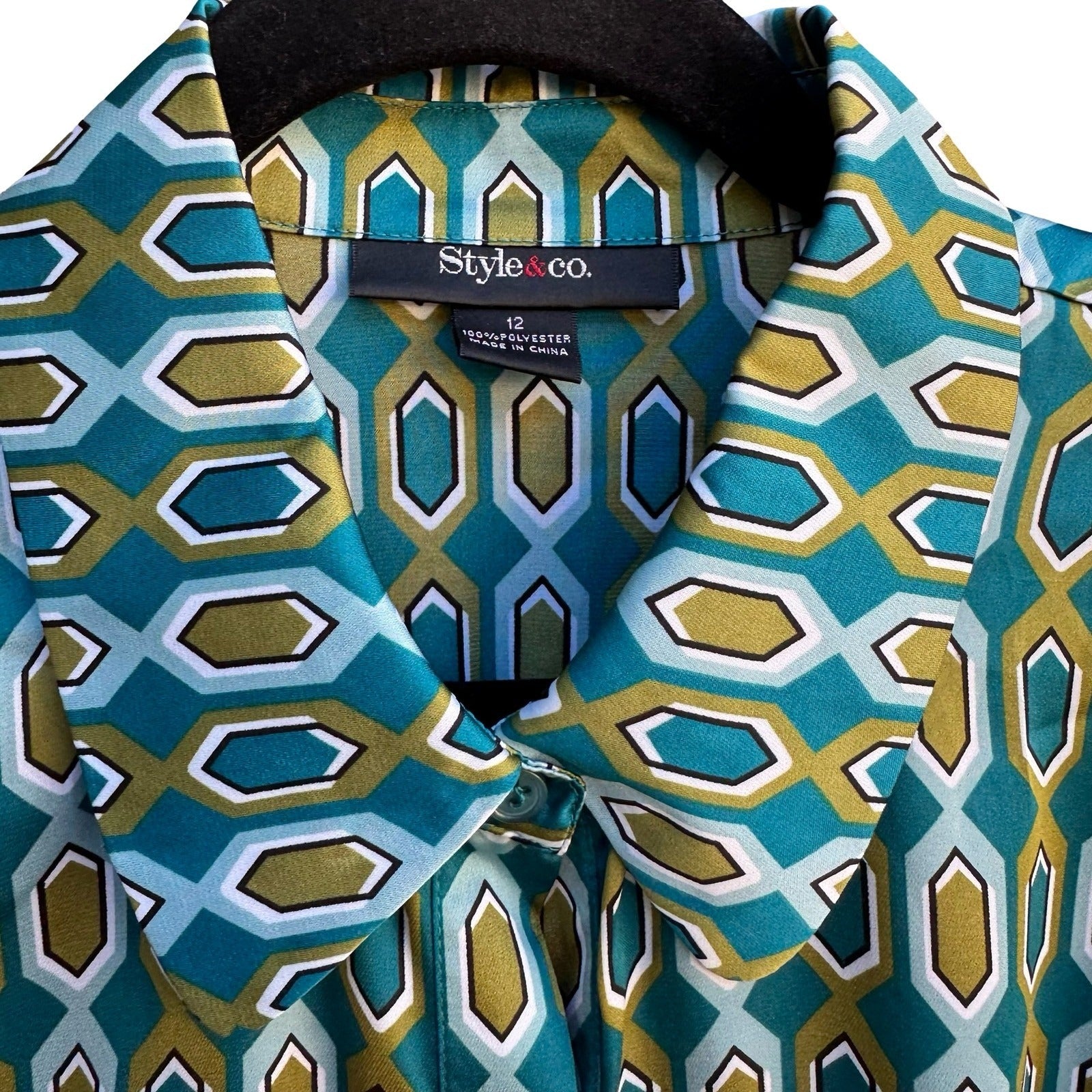 Style & Co Mod 70s Style Preppy Geometric Honeycomb Bell Sleeve Blouse Teal 12