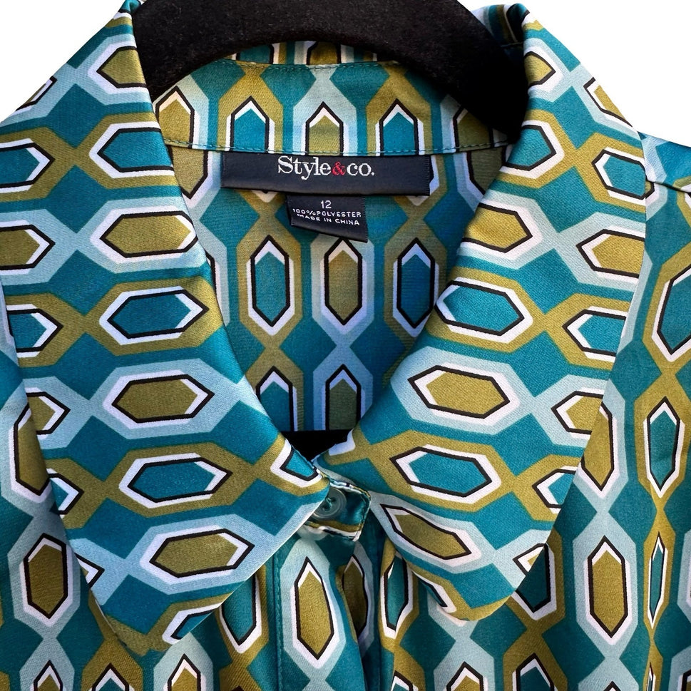 Style & Co Mod 70s Style Preppy Geometric Honeycomb Bell Sleeve Blouse Teal 12