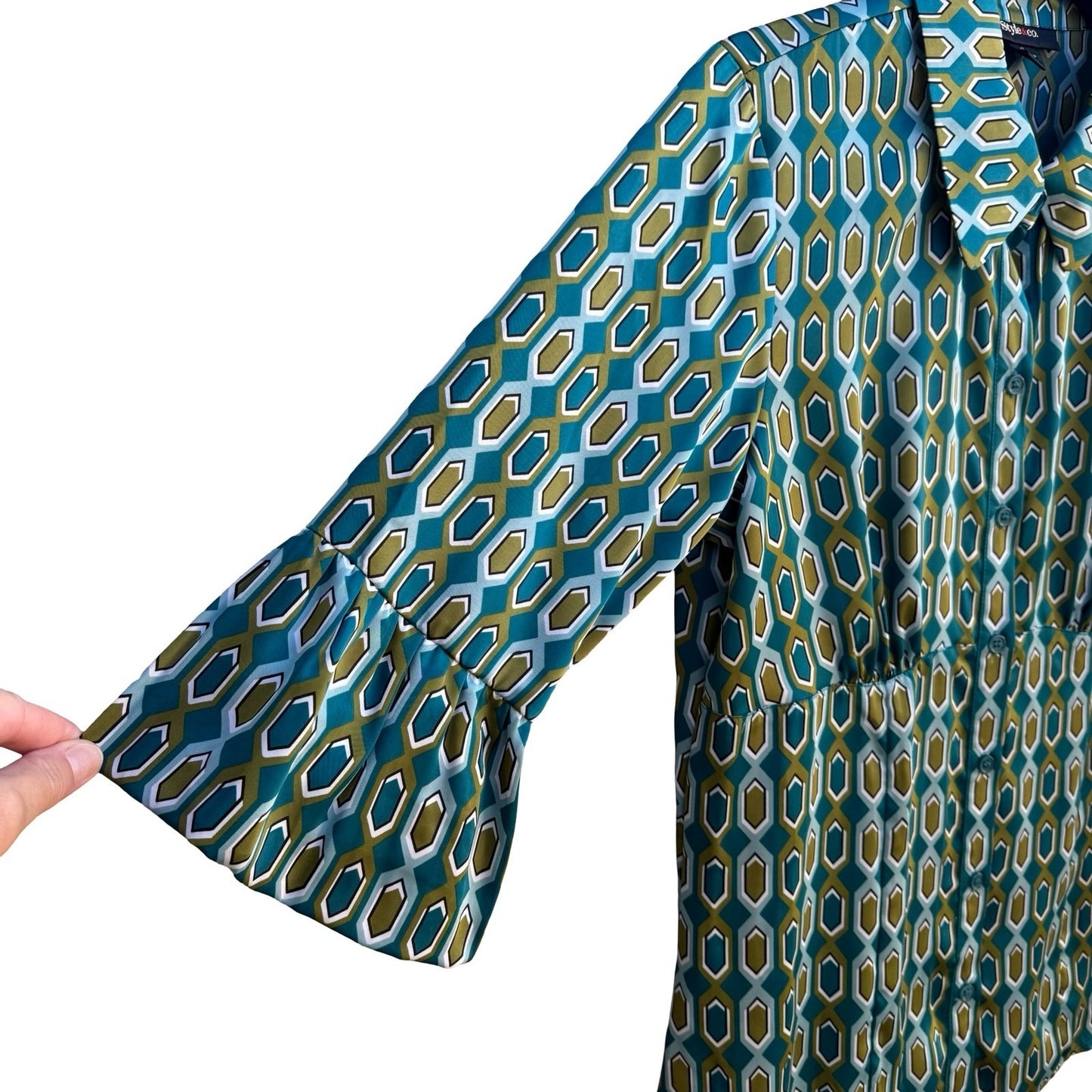 Style & Co Mod 70s Style Preppy Geometric Honeycomb Bell Sleeve Blouse Teal 12