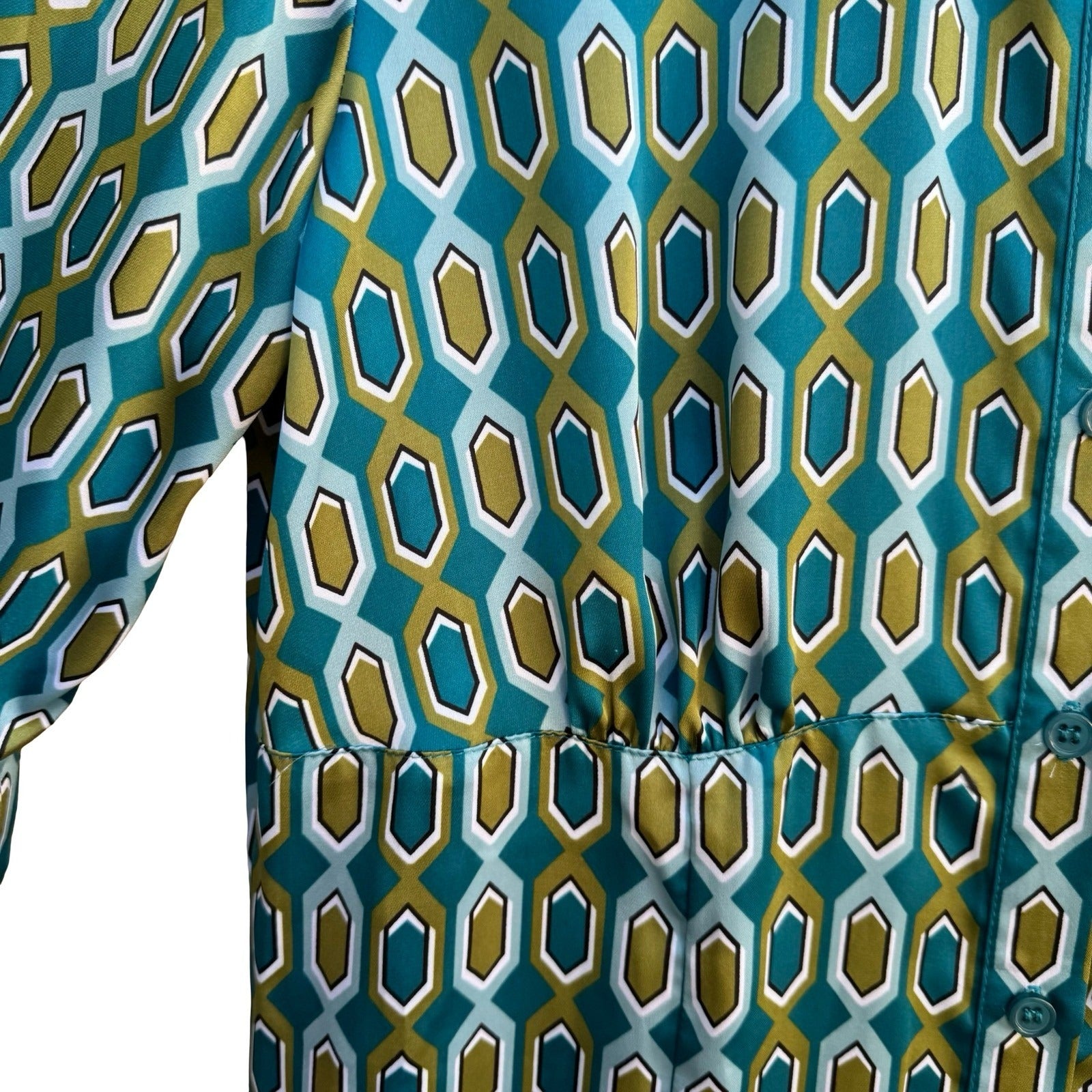 Style & Co Mod 70s Style Preppy Geometric Honeycomb Bell Sleeve Blouse Teal 12
