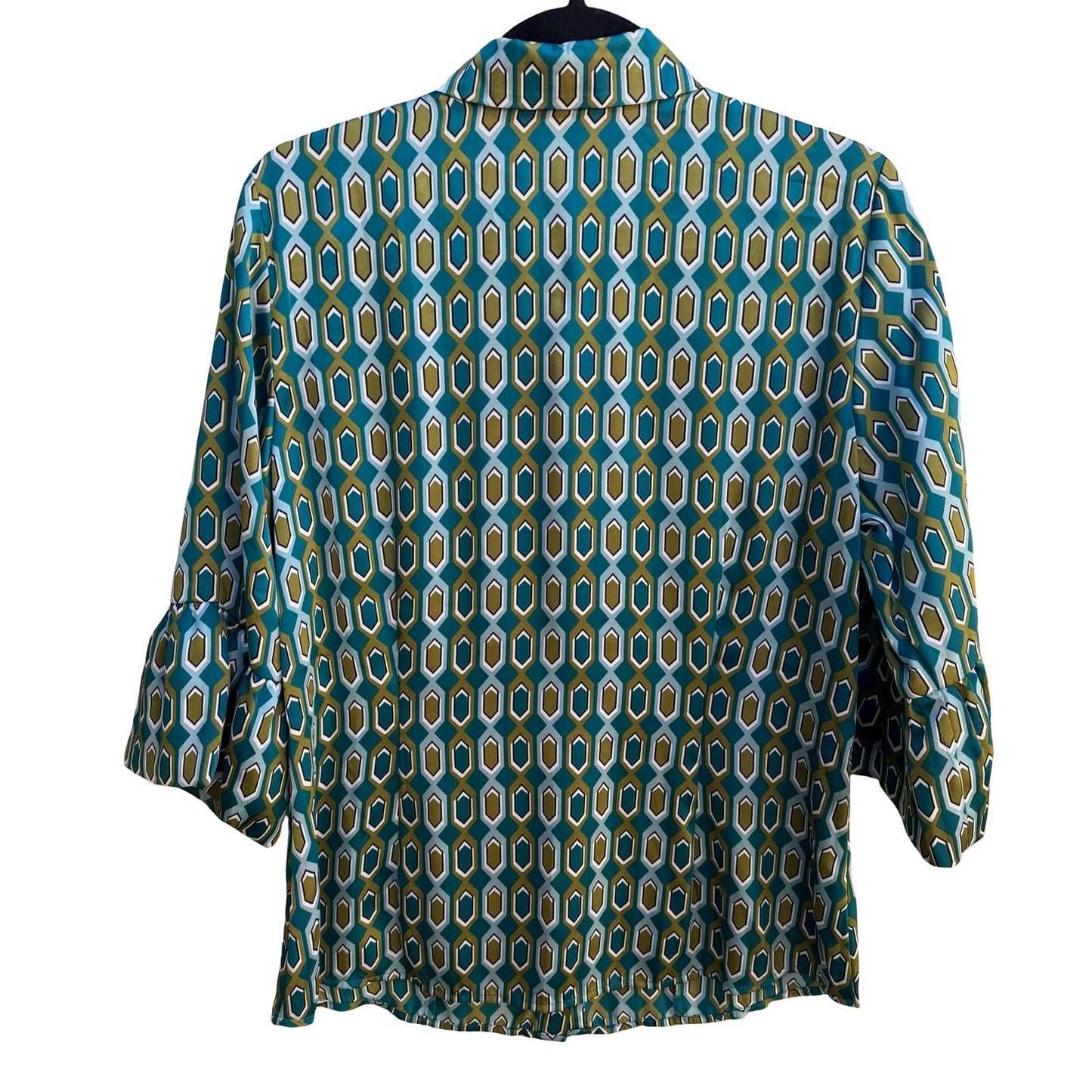 Style & Co Mod 70s Style Preppy Geometric Honeycomb Bell Sleeve Blouse Teal 12